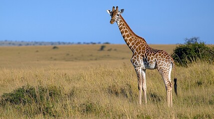 Obraz premium Giraffe in African savanna, wildlife, grassland background, nature photography, travel