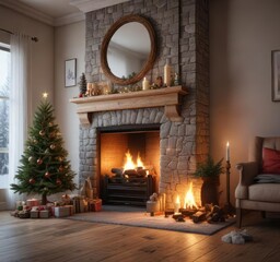 Cozy winter scene with a fireplace and a small Christmas tree, fireplace, crackling flames, candles