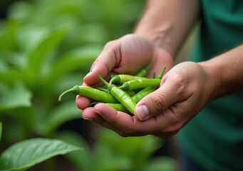 hands work green chilies nursery setting agriculture plant care development purposes daily