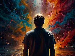 a highly detailed and unsettlingly vivid cinematic photograph depicting the turbulent mental state of ADHD overload, with swirling abstract ink tendrils and vibrant, clashing colors that evoke a sense