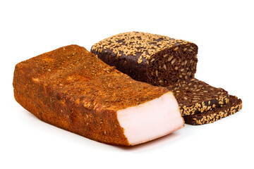 Homemade smoked pork lard with spices, isolated on white background.