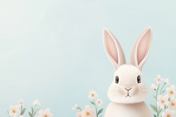 Obraz premium creative easter scene featuring hand-drawn bunny amidst blooming flowers soft pastel tones leaving room for text or
