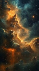 Colorful cosmic landscape with swirling clouds and vibrant celestial bodies in the starry night sky