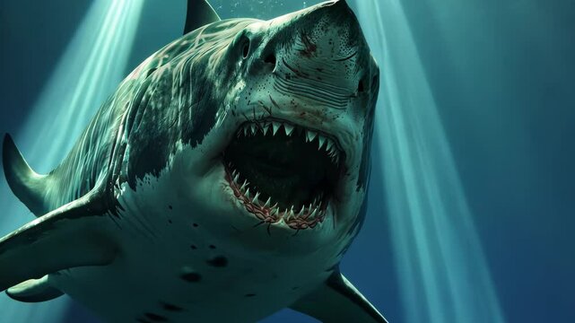 Encounter the terrifying presence of a massive shark lurking in the deep ocean waters, showcasing its powerful jaws and predatory nature in eerie lighting