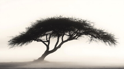 Fototapeta premium Image of a black tree silhouette against a bright white foggy background, its branches intricately detailed and stretching across the frame.