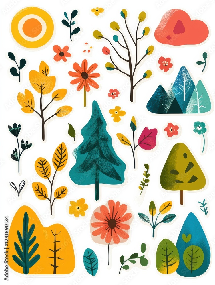 Poster colorful nature themed stickers featuring flowers and trees in various shapes and sizes. generative 