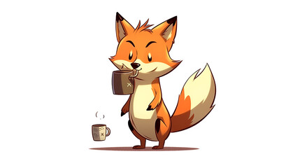 Obraz premium A cartoon fox is holding a book and a cup of coffee