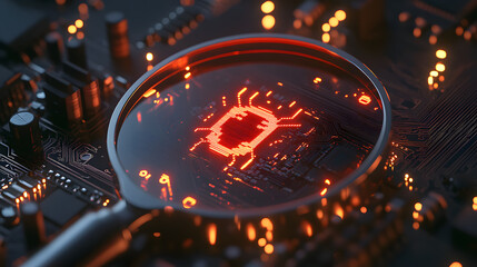 A close-up shot of a magnifying glass over a circuit board. A glowing red bug symbol is visible at the center, suggesting a cybersecurity or bug detection concept.