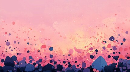   A vibrant canvas depicts a blush-pink sky, adorned with a sea of blue and pink dots in the foreground, and an array of abstract, past