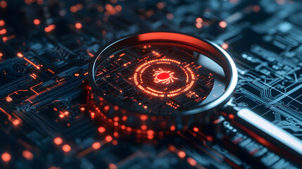 Close-up of a circuit board with a magnifying glass revealing a red bug icon at its center, symbolizing a cybersecurity vulnerability or software bug.