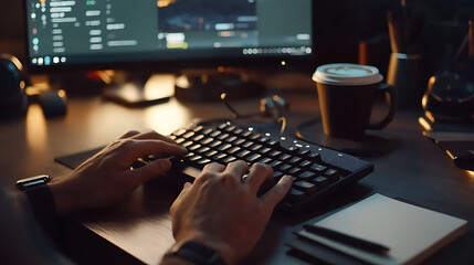 Professional shot of a man's hands typing on a wireless keyboard, with a clean desktop with a cup of coffee, a notepad and a modern monitor.