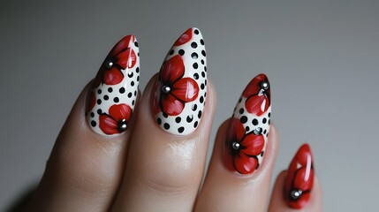A photo of a red and white flower nail design with polka dots
