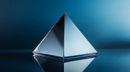 A shiny metal pyramid with smooth reflective surfaces is set against a gradient background that goes from dark blue to silver.