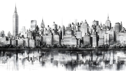 
Panoramic view of Manhattan's illuminated skyline at dusk. Urban cityscape with tall buildings and waterfront, pencil black&white style