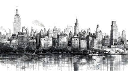 Fototapeta premium Panoramic view of Manhattan's illuminated skyline at dusk. Urban cityscape with tall buildings and waterfront, pencil black&white style