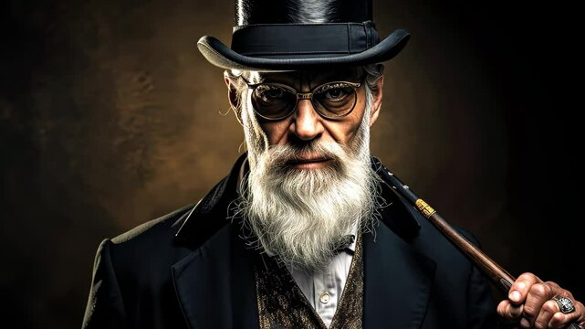 An old-fashioned businessman in a top hat poses confidently with a cane, showcasing a timeless style in a dimly lit setting that evokes a sense of history and sophistication