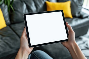 A person is holding a tablet with a blank white screen