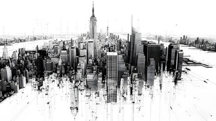 
Panoramic view of Manhattan's illuminated skyline at dusk. Urban cityscape with tall buildings and waterfront, pencil black&white style