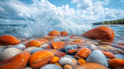 Colorful rocks, wave splash, lake shore, summer day, nature background