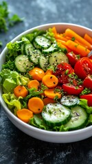 Fresh garden salad with tomatoes, cucumbers, and colorful peppers served in a bowl