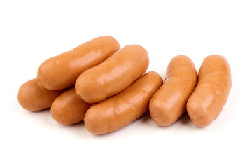 Heap of cooked sausages, close-up, isolated on white background.