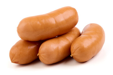 Boiled sausage, close-up, isolated on a white background.