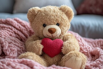 Soft bear holding a red heart on cozy blanket in a living room setting