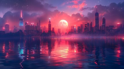 Obraz premium Breathtaking Futuristic Cityscape Illuminated by Glowing Skyscrapers and Neon Reflections