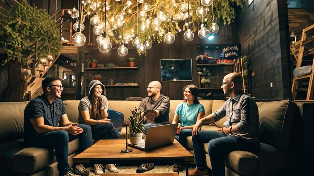 Tech entrepreneurs engage in vibrant discussion on a cozy couch in a modern workspace with bright hanging lights, brainstorming innovative ideas during an evening meetup