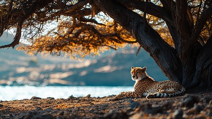 Obraz premium Cheetah resting under acacia tree, near lake, African savanna, wildlife photography