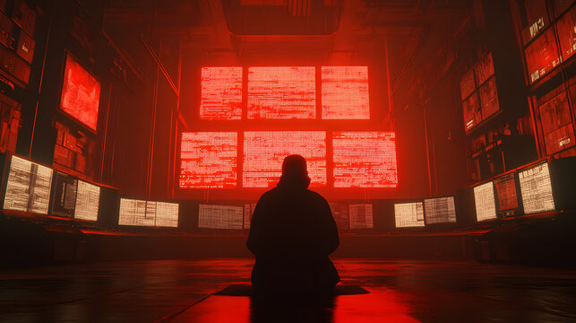 A hooded figure sits in a dimly lit room bathed in red light, surrounded by numerous screens displaying lines of code. The scene evokes a sense of mystery and technological immersion.