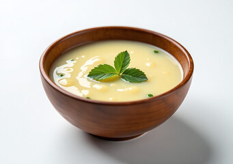 lotus root soup wooden bowl sits alone pristine white