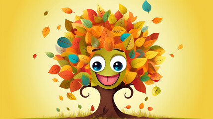 Fototapeta premium A cartoon tree with a smiling face and lots of leaves