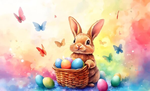  Adorable easter bunny holding a basket full of colorful decorated eggs surrounded by butterflies