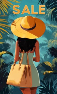Fashionable woman with a wide-brimmed hat and a large tote bag enjoys the summer sales in a lush tropical setting