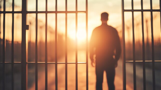 A silhouette of a person standing behind prison bars at sunset.