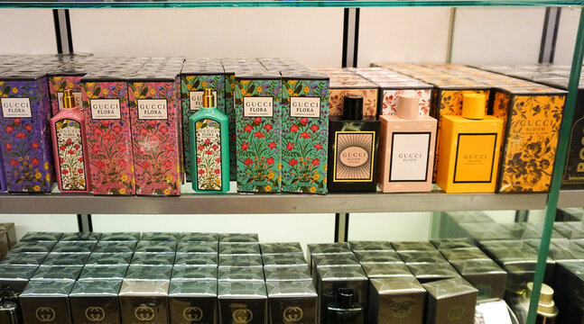 Antalya, Turkey - May 11, 2024: Shop display of different types of perfume by Gucci
