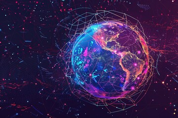 Obraz premium seamless pattern flat illustration style, world map A globe of a planet surrounded by neural neon nexus lines, grid and nodes. Creative concept of technological progress, the World Wide Web banner. 