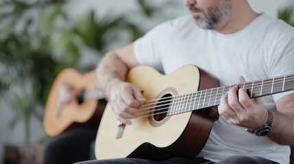 Obraz premium Man playing acoustic guitar indoors, plants in background, music lesson