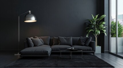 Sleek Black Living Room Design with Dark Grey Rug and Nickel Floor Lamp
