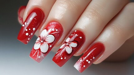 A photo of a red and white flower nail design with polka dots
