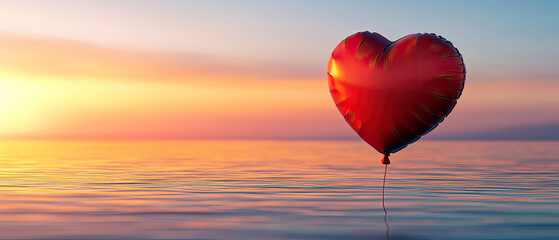 Obraz premium Heart-shaped balloon floating over tranquil water during a vibrant sunset with soft colors in the sky