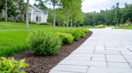 Landscaped walkway, suburban homes, green lawn, pathway