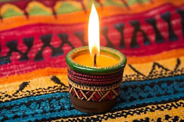 Burning candle on colorful woven rug creates warm ambiance