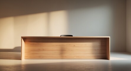 Modern Wooden Reception Desk with Warm Lighting