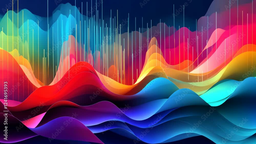 Poster an abstract representation of vibrant sound waves displaying a spectrum of colors in a dynamic visua