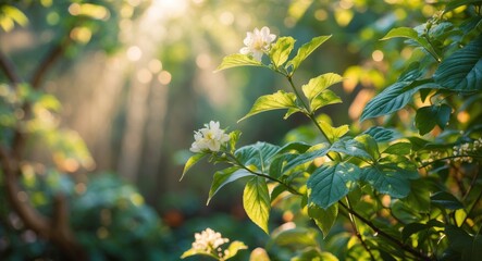 Obraz premium Lush green leaves and blossoms in sunlit garden scene.