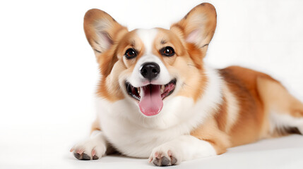 Obraz premium A happy dog with a pink tongue is laying on a white background