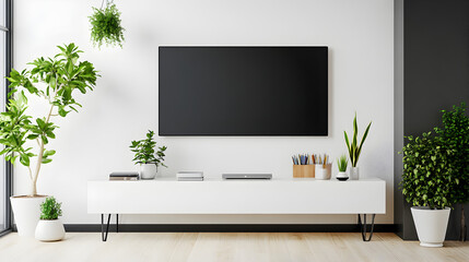 workspace with a blank TV screen mounted on the wall above a sleek white console table 
