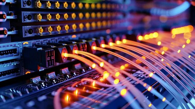 High Speed Fiber Optic Cables Connected to Network Server Rack in Data Center